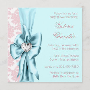 Invitation Bleu bleu Turquoise Damask Bow Elegant Baby Girl D