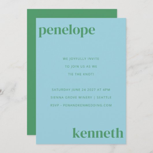 Invitation Bleu Bleu Vert Moderne Mariage tout en un (Devant / Derrière)
