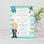 Invitation Bleu Blonde Blonde Boy Première Communion Sainte (Debout devant)