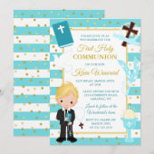 Invitation Bleu Blonde Blonde Boy Première Communion Sainte (Devant / Derrière)