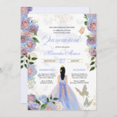 Invitation Bleu & Blush Roses Roses Papillon Quinceanera Invi (Devant / Derrière)