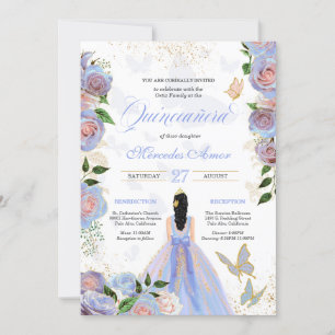 Invitation Bleu & Blush Roses Roses Papillon Quinceanera Invi