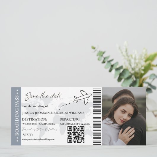 Invitation Bleu Boarding pass mariage enregistrer le billet d (Debout devant)