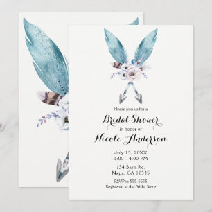 Invitation Bleu Boho Bohème Flèches Plume Floral Fête