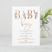 Invitation Bleu Boho Floral Mot Baby shower bébé garçon (Debout devant)