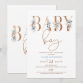 Invitation Bleu Boho Floral Mot Baby shower bébé garçon (Devant / Derrière)