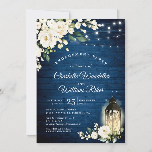 Invitation Bleu Bois blanc Roses Lanterne (Devant)