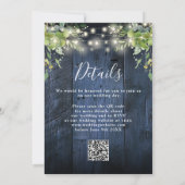 Invitation Bleu Bois Chaîne Lumières Verdure QR Code Mariage (Dos)