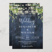 Invitation Bleu Bois Chaîne Lumières Verdure QR Code Mariage (Devant / Derrière)