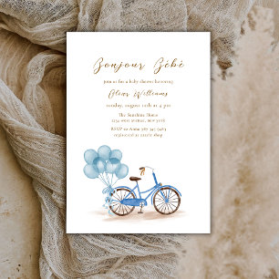 Invitation Bleu Bonjour Bébé Ballon Bicyclette Baby shower