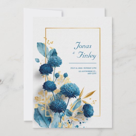 Invitation Bleu Botanique Chrysanthemum & Mariage de cadre Or (Devant)
