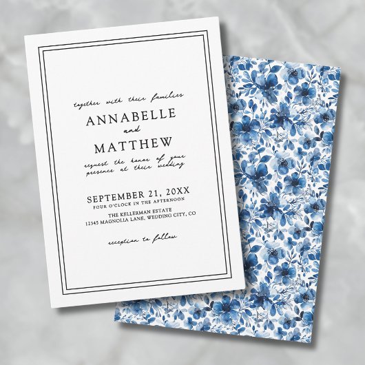 Invitation Bleu Botanique Classique Élégant Floral Mariage