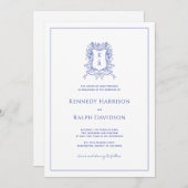 Invitation Bleu Botanique Crest & Ribbon Mariage élégant (Devant / Derrière)