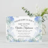 Invitation Bleu botanique et vert Feuille Aquarelle douche (Debout devant)