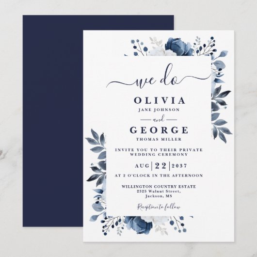 Invitation Bleu Botanique Floral Intime Mariage privé (Devant / Derrière)