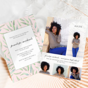 Invitation Bleu botanique Photo Collage Parti de graduation