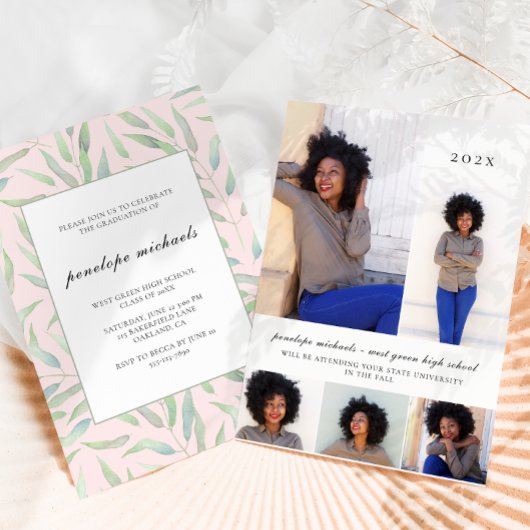 Invitation Bleu botanique Photo Collage Parti de graduation