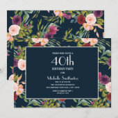 Invitation Bleu Bourgogne Blush Floral 40e anniversaire (Devant / Derrière)