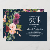 Invitation Bleu Bourgogne Blush Floral 50e anniversaire (Devant / Derrière)