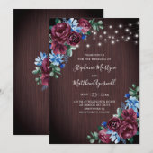 Invitation Bleu Bourgogne Chaîne Lumière Mariage en bois Flor (Devant / Derrière)