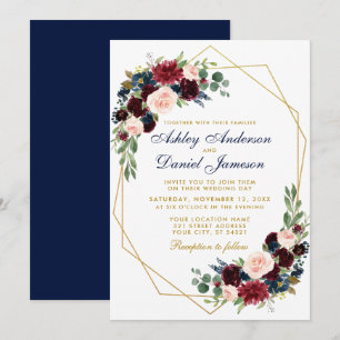 Invitation Bleu Bourgogne Floral Mariage Or géométrique