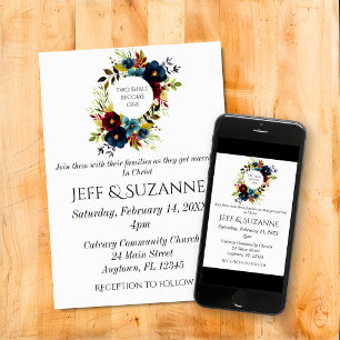Invitation Bleu Bourgogne Floral Wreath Two Devenir un