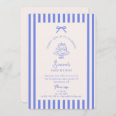 Invitation Bleu Bow, Bleu rayé anniversaire (Devant / Derrière)