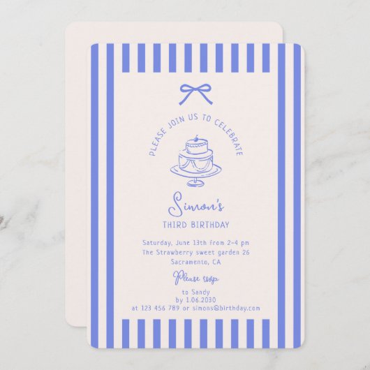 Invitation Bleu Bow, Bleu rayé anniversaire (Devant / Derrière)