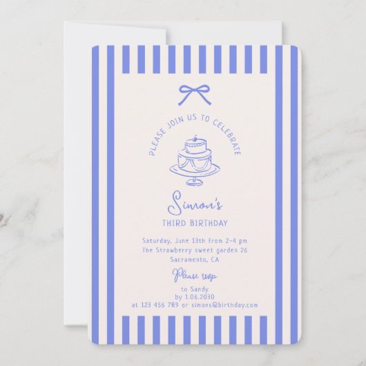 Invitation Bleu Bow, Bleu rayé anniversaire (Devant)