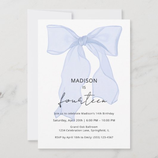 Invitation Bleu Bow Coquette Anniversaire (Devant)