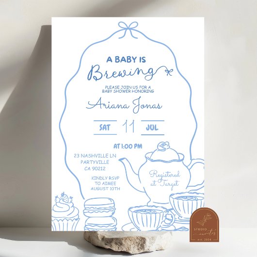 Invitation Bleu Bow Doodle à main Un bébé brasse du baby show