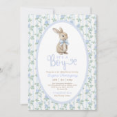 Invitation Bleu Bow Floral Lapin Rabbit Baby shower garçon (Devant)