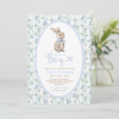 Invitation Bleu Bow Floral Lapin Rabbit Baby shower garçon (Debout devant)