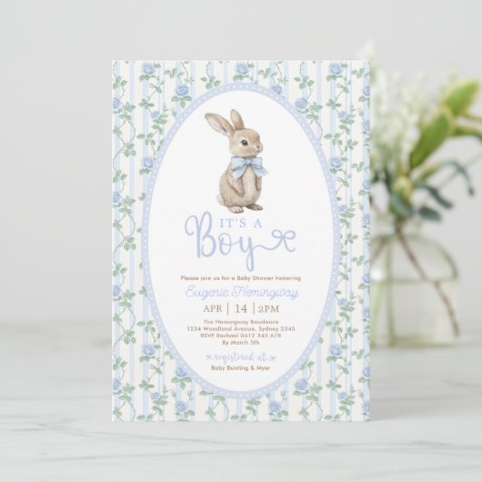 Invitation Bleu Bow Floral Lapin Rabbit Baby shower garçon (Debout devant)