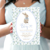 Invitation Bleu Bow Floral Lapin Rabbit Baby shower garçon