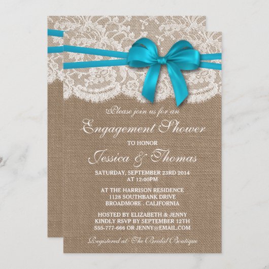 Invitation Bleu Bow Rustique Burlap & dentelle Fiançailles do (Devant / Derrière)
