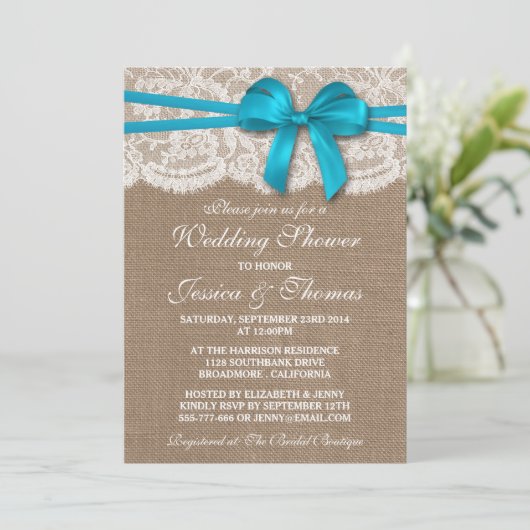 Invitation Bleu Bow Rustique Burlap & Wedding shower de dente (Debout devant)