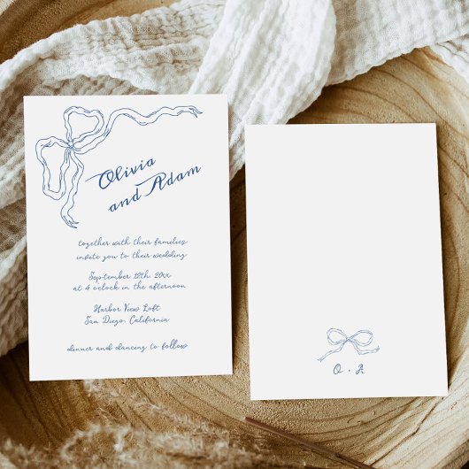 Invitation Bleu Bow Whimsical manuscrit mariage élégant