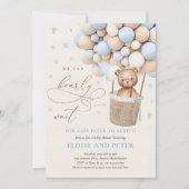 Invitation Bleu Boy Teddy Bear Balloon Baby shower (Devant)