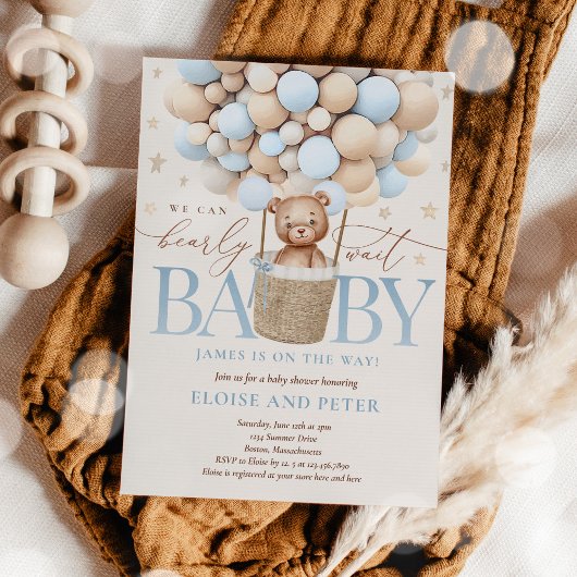 Invitation Bleu Boy Teddy Bear Balloon Baby shower