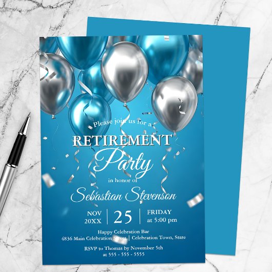 Invitation Bleu brillant et Ballons d'argent Parti de retrait