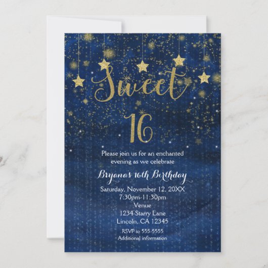 Invitation Bleu brillant & Or étoiles Sweet 16 Party Invitati (Devant)