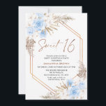 Invitation Bleu Brown Boho Pampas Grass Sweet 16 Anniversaire<br><div class="desc">Bleu Brown Boho Pampas Grass Sweet 16 Anniversaire Invitation Bohème inspiré douce invitation de 16 ans avec deux arrangements floraux de couleur bleue et blanche avec gazon de pampas et une image calligraphie moderne comme une tête dans une texture d'or faux rose. Idéal pour ceux qui recherchent une invitation d'anniversaire...</div>