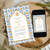 Invitation Bleu Brown Perse mosaïque QR Code Mariage musulman