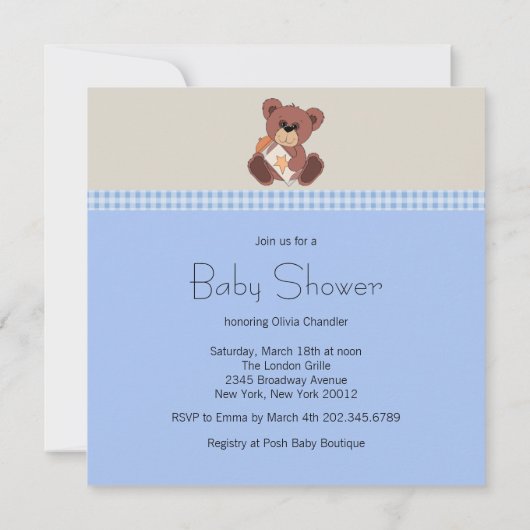 Invitation Bleu Brown Teddy Ours Bébé Garçon Douche (Dos)