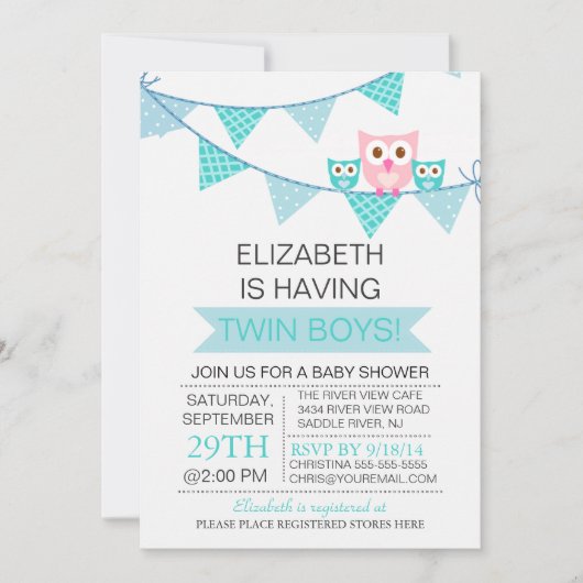 Invitation Bleu Bunting Chouette Chouette TWIN Boys Baby show (Devant)