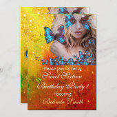 INVITATION BLEU BUTTERFLY SWEET 16 PARTY MONOGRAM, OR (Devant / Derrière)