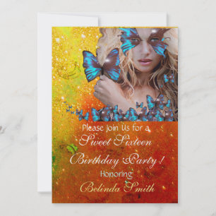 INVITATION BLEU BUTTERFLY SWEET 16 PARTY MONOGRAM, OR
