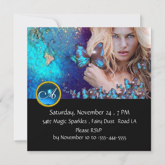 INVITATION BLEU BUTTERFLY SWEET 16 PARTY MONOGRAM, OR (Dos)