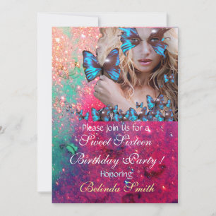 INVITATION BLEU BUTTERFLY SWEET 16 PARTY MONOGRAM, OR